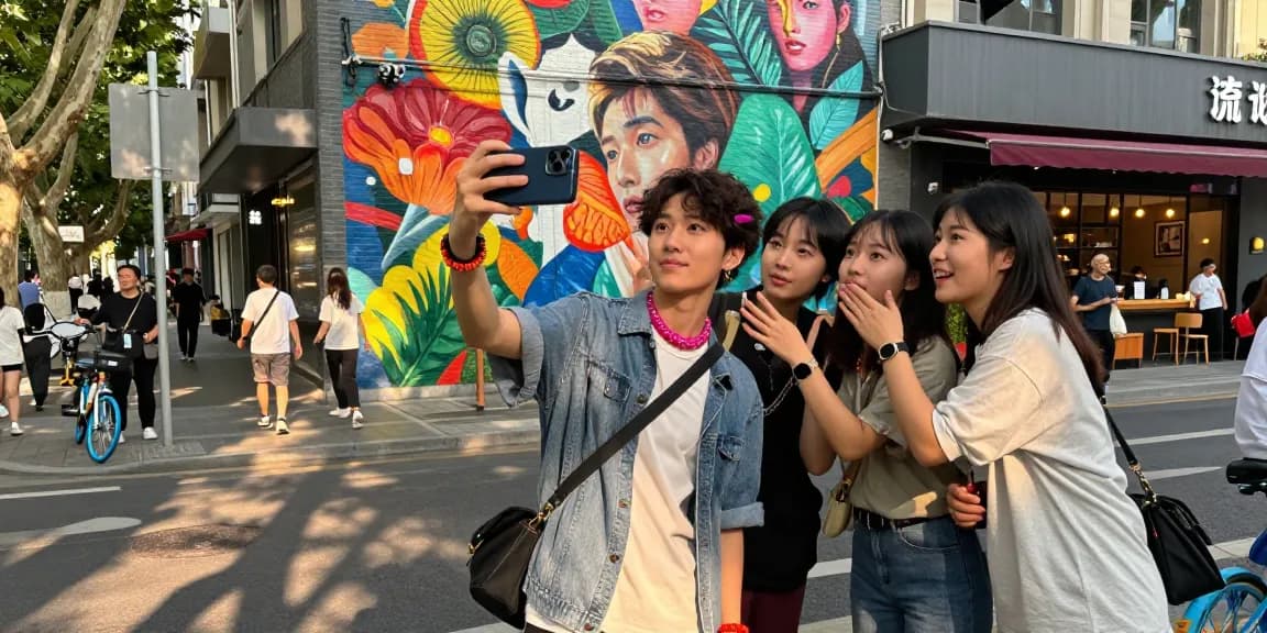 Young person finding out which celebrities look alike while capturing a selfie in an urban setting.