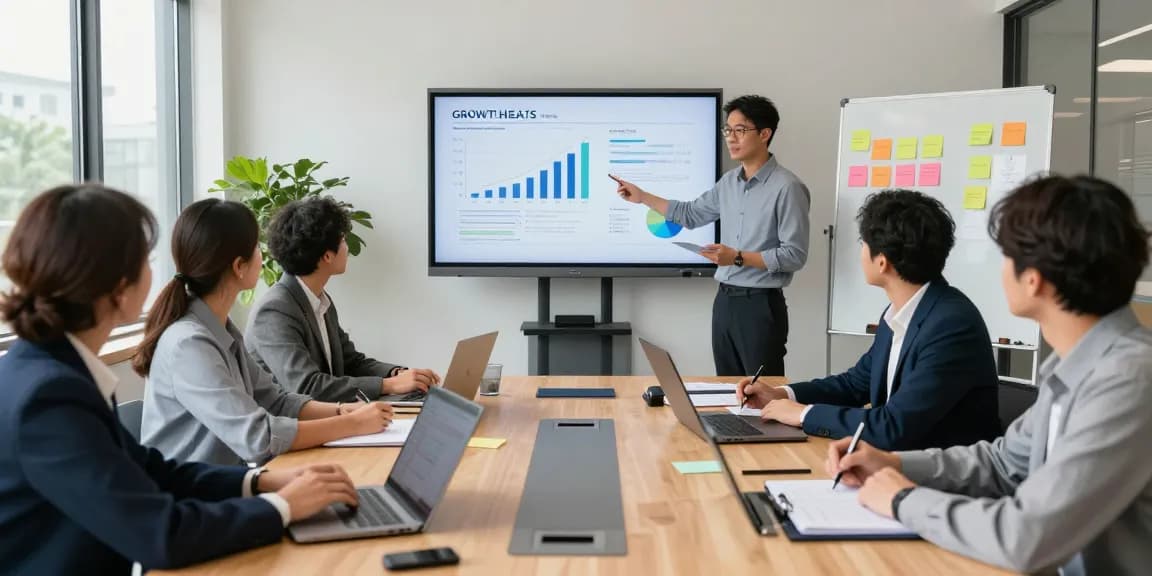 Dynamic team brainstorming at https://www.startsomethingpc.com, showcasing growth strategies and data analysis in a modern office.