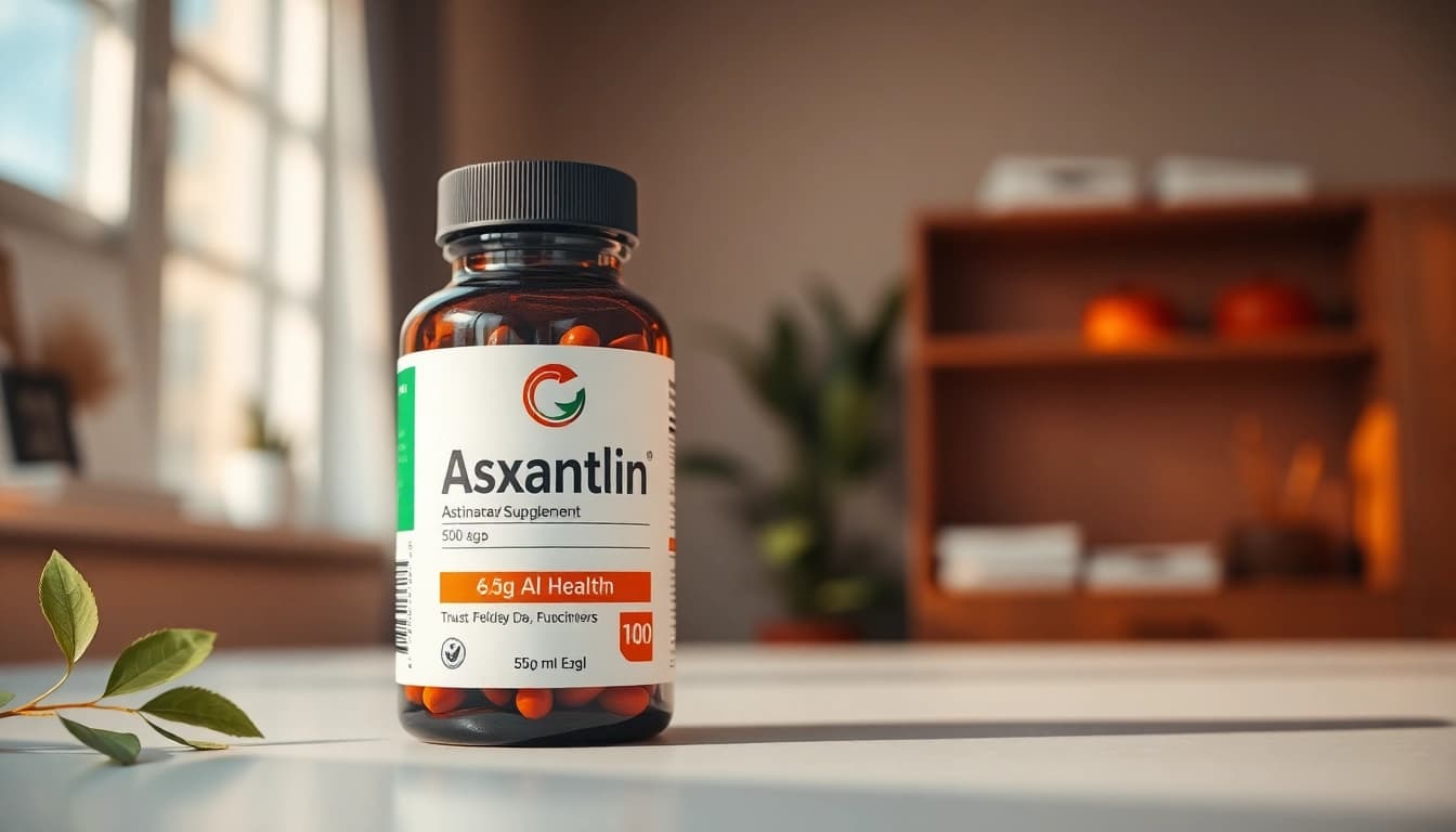 Explore the optimal astaxanthin dosage with supplements showcased in a professional setting.