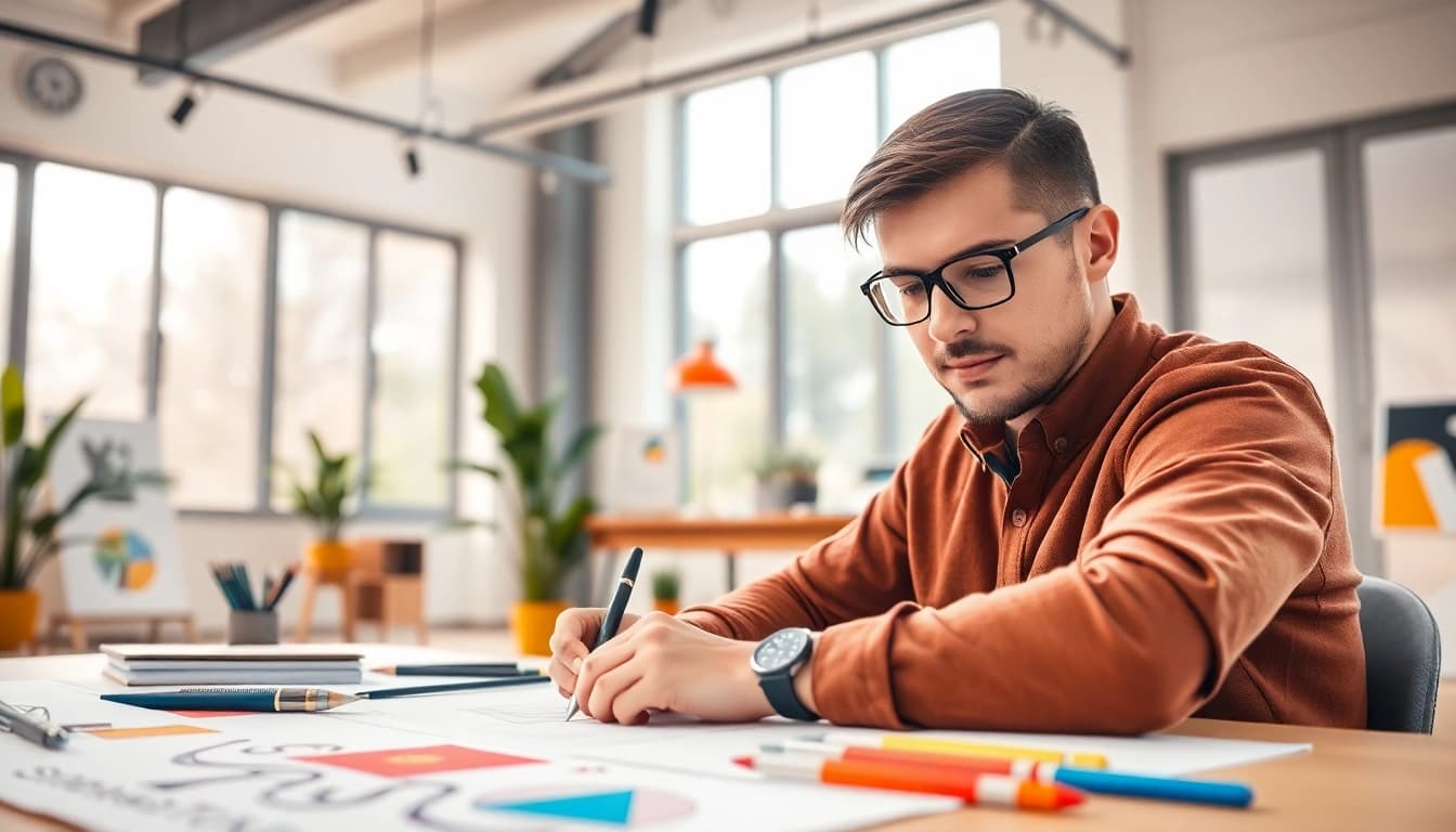 Highlighting https://bestdesignersintheworld.com/ with a designer focused on their creative workspace, showcasing inspiration.