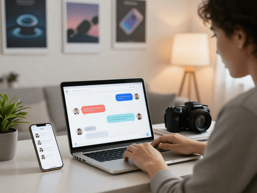 Engaging interaction with porn chat AI on a laptop in a modern home office.