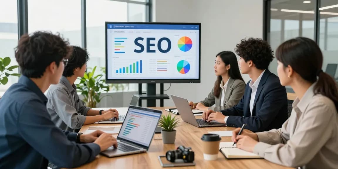 Team of SEO specialists discussing strategies for effective SEO backlink services in a modern office.