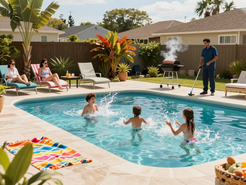Dolphin Pool Services maintaining a family's vibrant backyard pool during summer, showcasing joy and care.