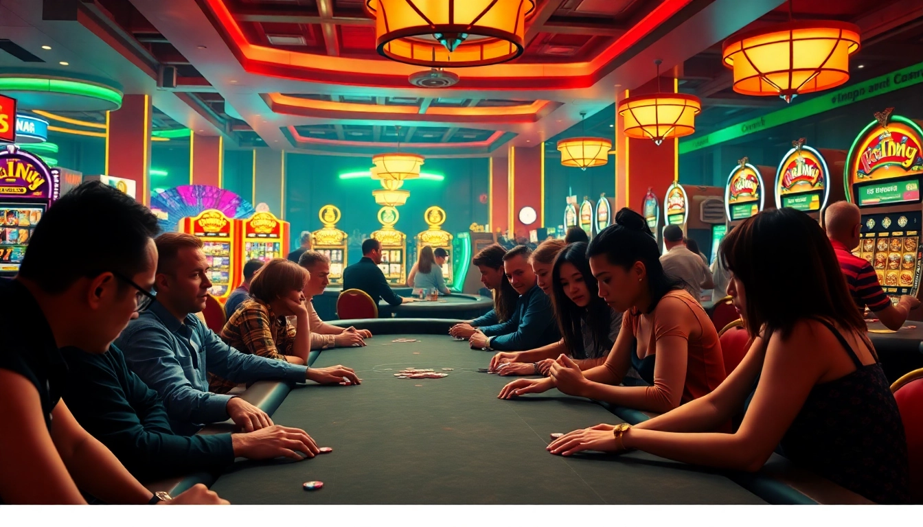Vibrant scene of a Non Uk Casino with players enjoying a lively poker game.