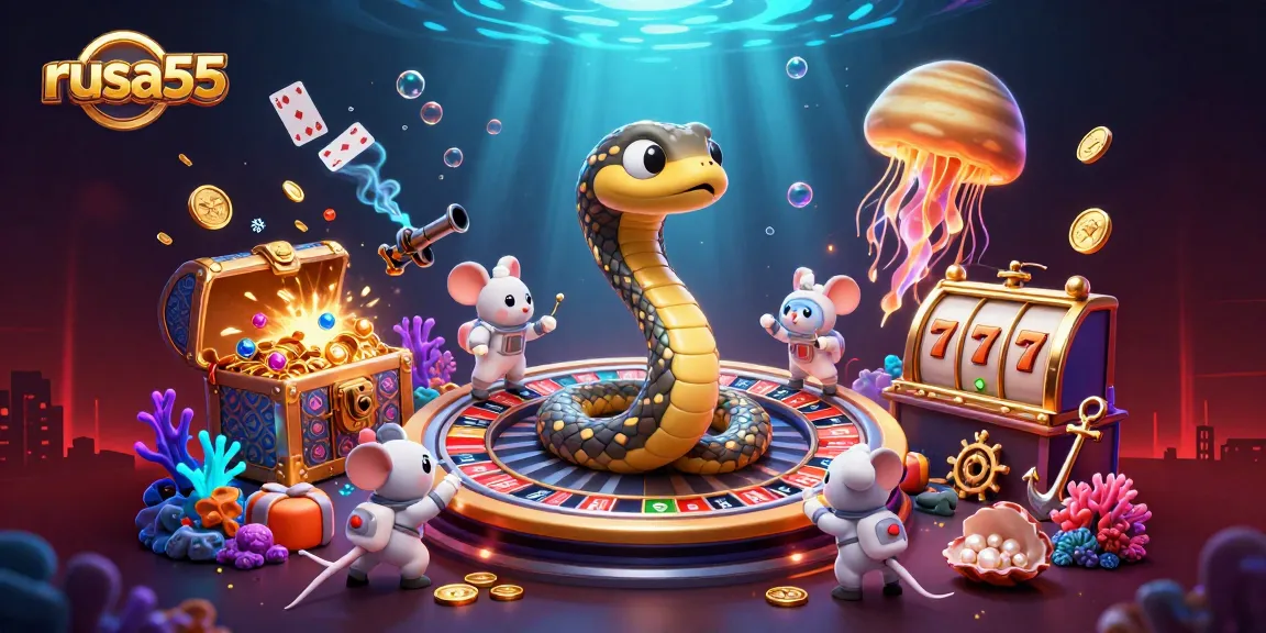 Experience the thrill of gambling with rusa55 as cartoon characters spin a cosmic roulette in a vibrant underwater scene.