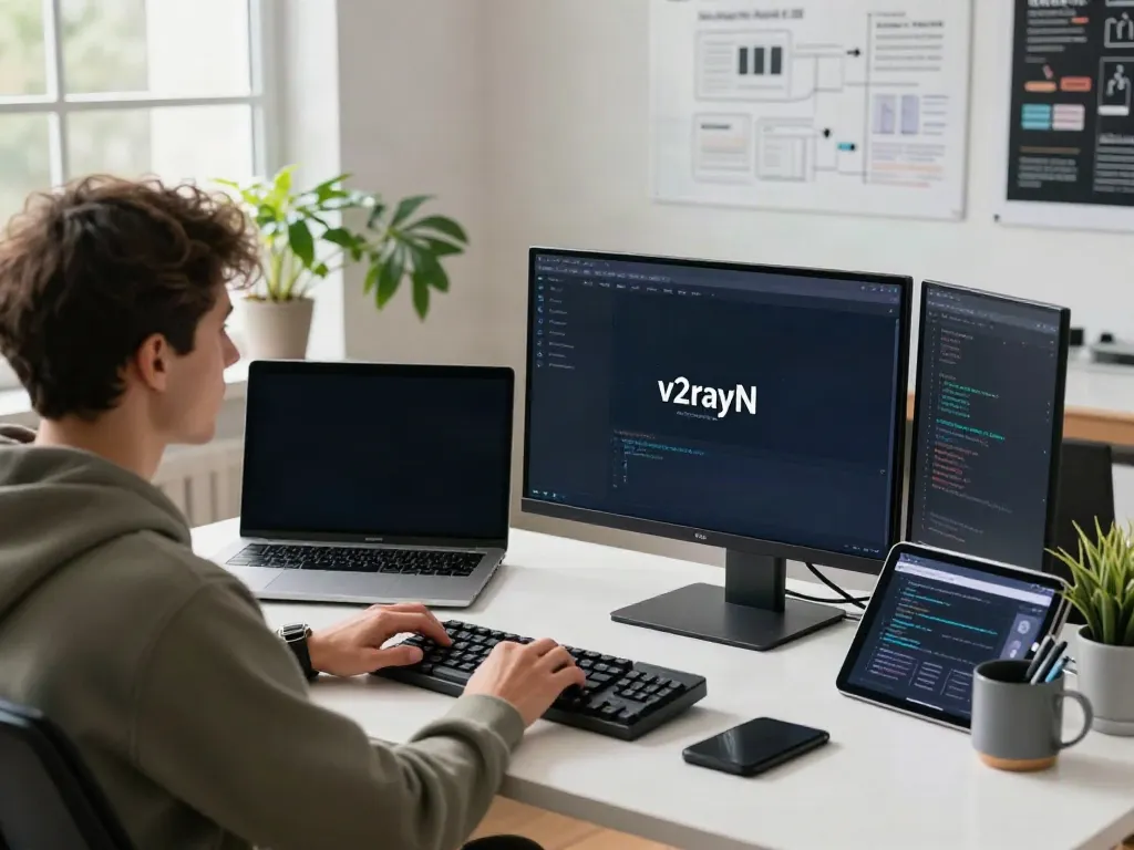 Developer using v2rayN on multiple monitors in a modern office setting.