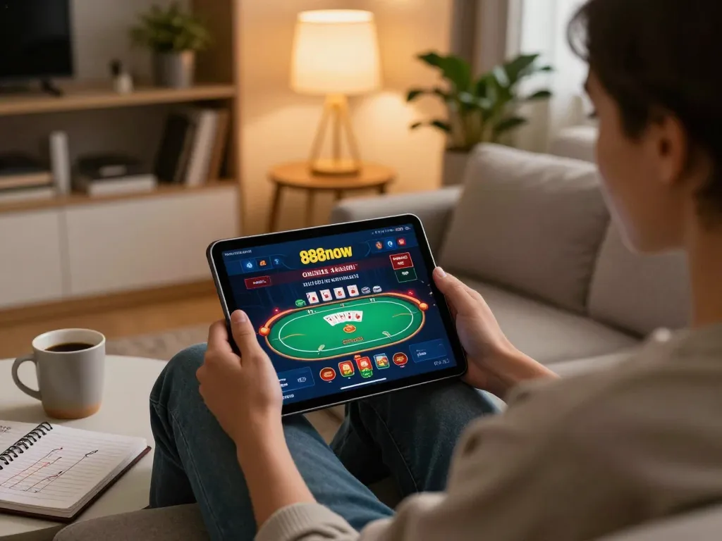 Experience immersive gaming at 888now with a cozy online setup, showcasing poker gameplay.