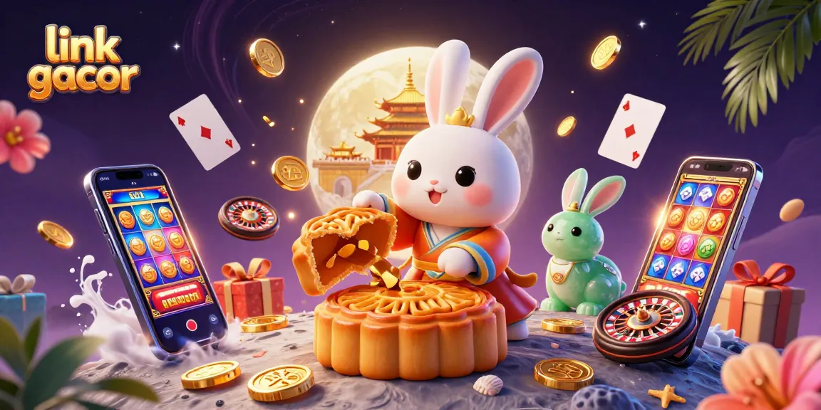 Engage with link gacor betting excitement illustrating a moon rabbit playing slots amidst cosmic riches.