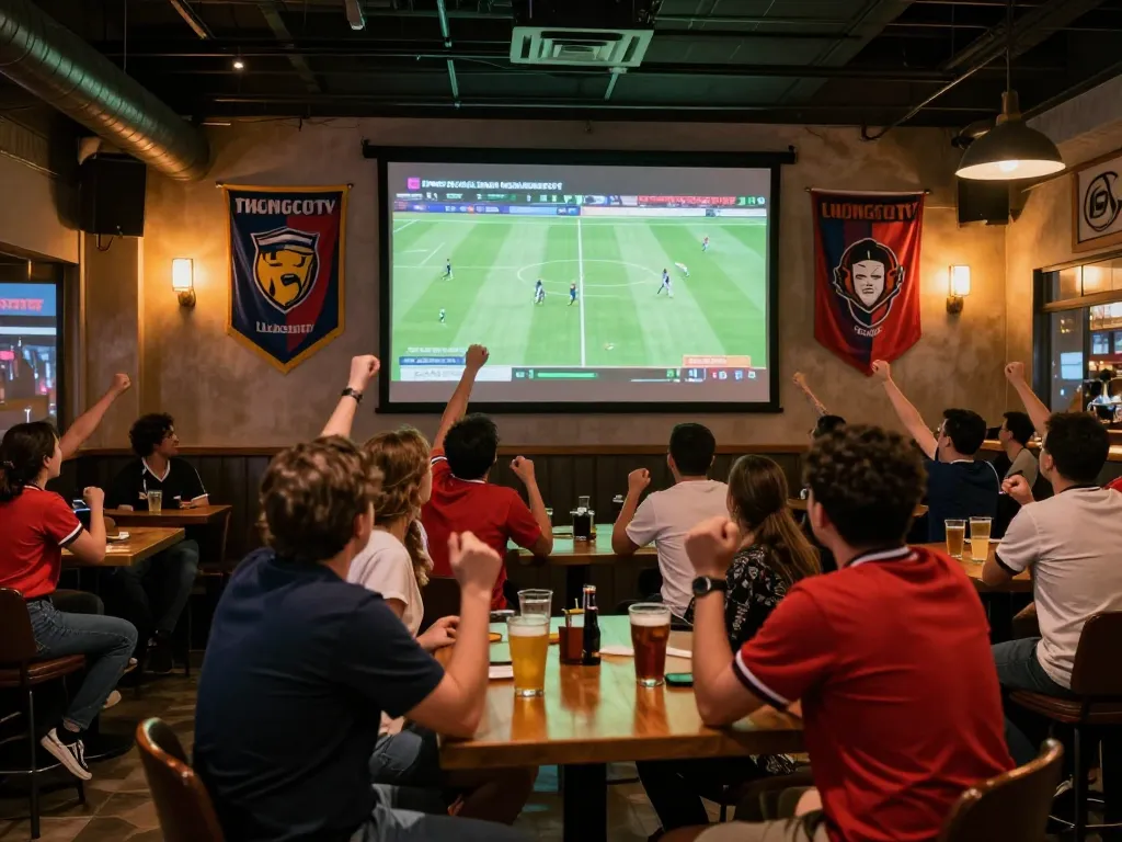 Fans engaging in live sports betting and streaming on Luongsontv in a lively sports bar.