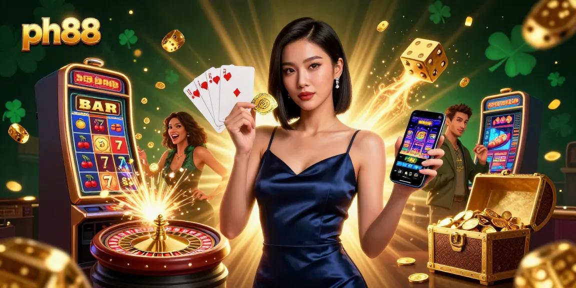Experience exciting gaming with ph88's stunning Asian woman character in a dynamic online casino scene.
