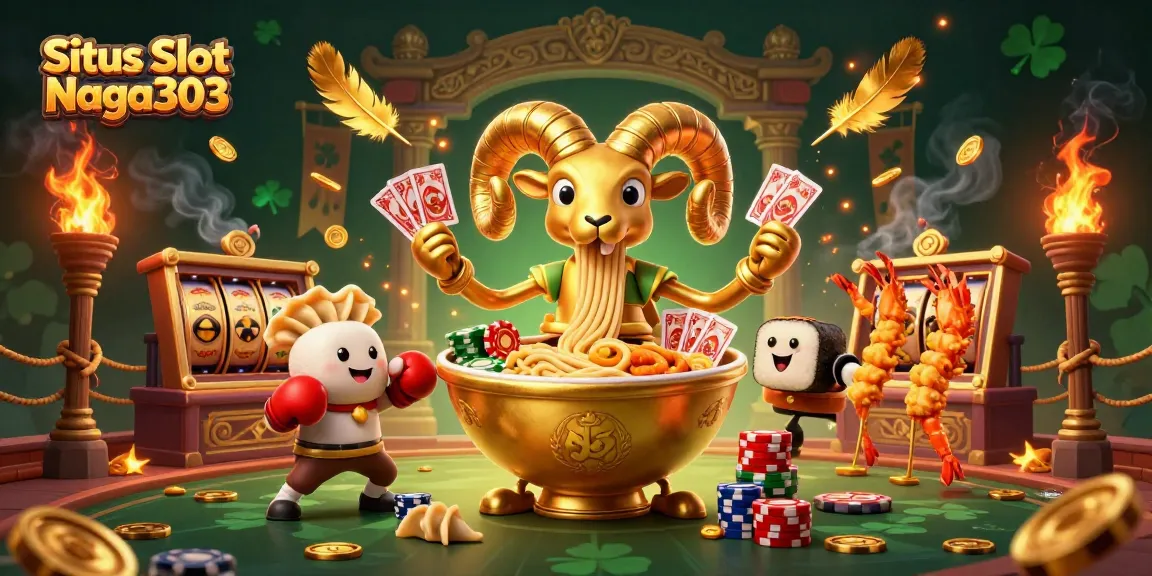 Situs Slot Naga303 showcases a vibrant casino scene with a unique ramen bowl character amidst slot reels and golden coins.