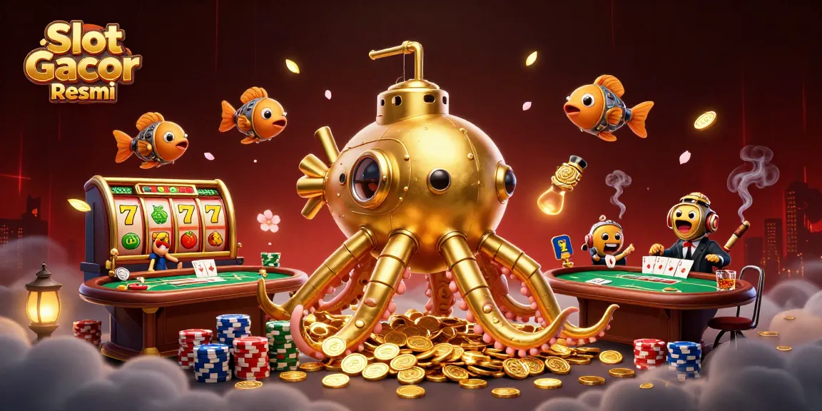 Experience excitement with Slot Gacor Resmi, a vibrant casino scene featuring an epic kraken submarine.