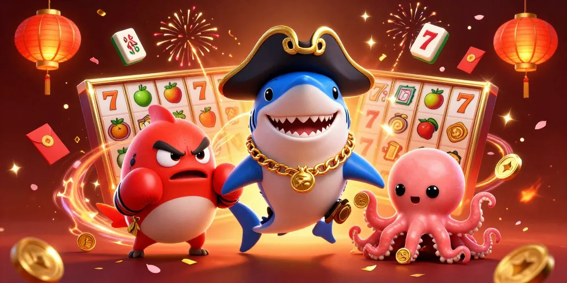 LIGALGO illustration featuring a pirate shark, pufferfish, and octopus amidst vibrant slot game elements and rich celebration.