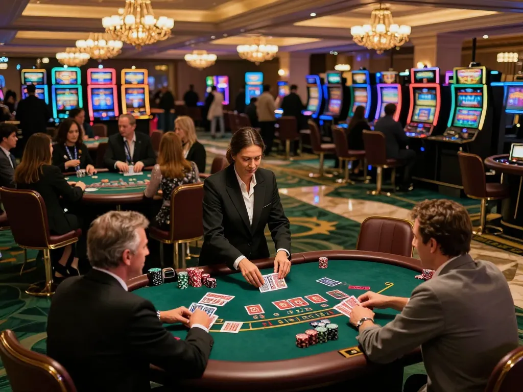 Engaged players at MM88 blackjack tables celebrating wins in a lively casino environment.