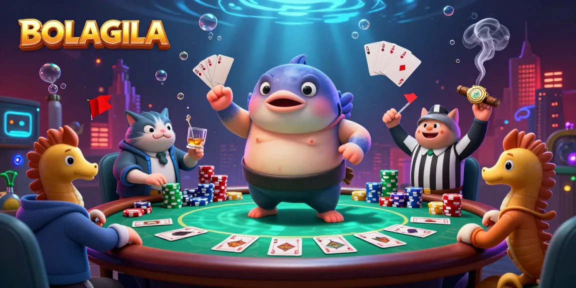 BOLAGILA showcases a lively underwater poker scene with a puffed fugu and a catfish referee.