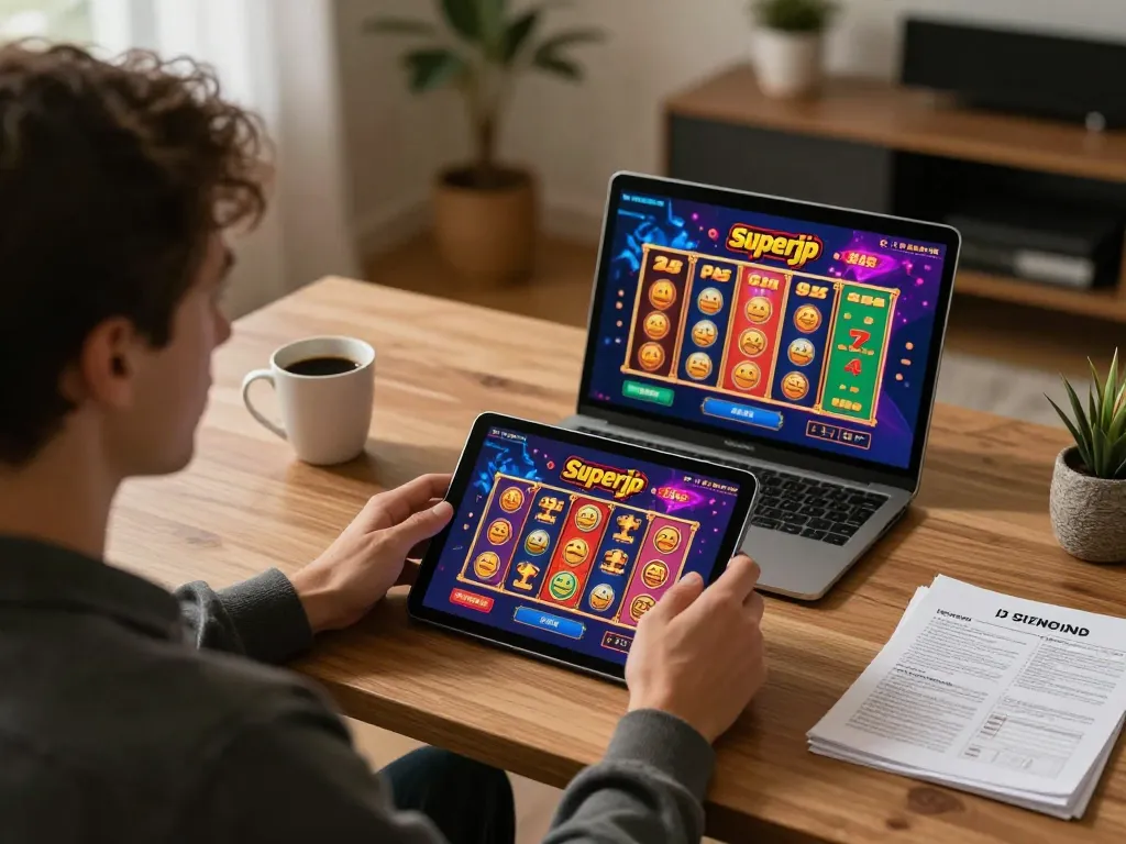 Engaging in a Superjp online casino game on a stylish tablet at home.