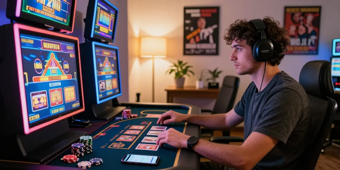 Engaged player exploring credit card casinos UK on a vibrant gaming setup, showcasing digital slots and payment apps.