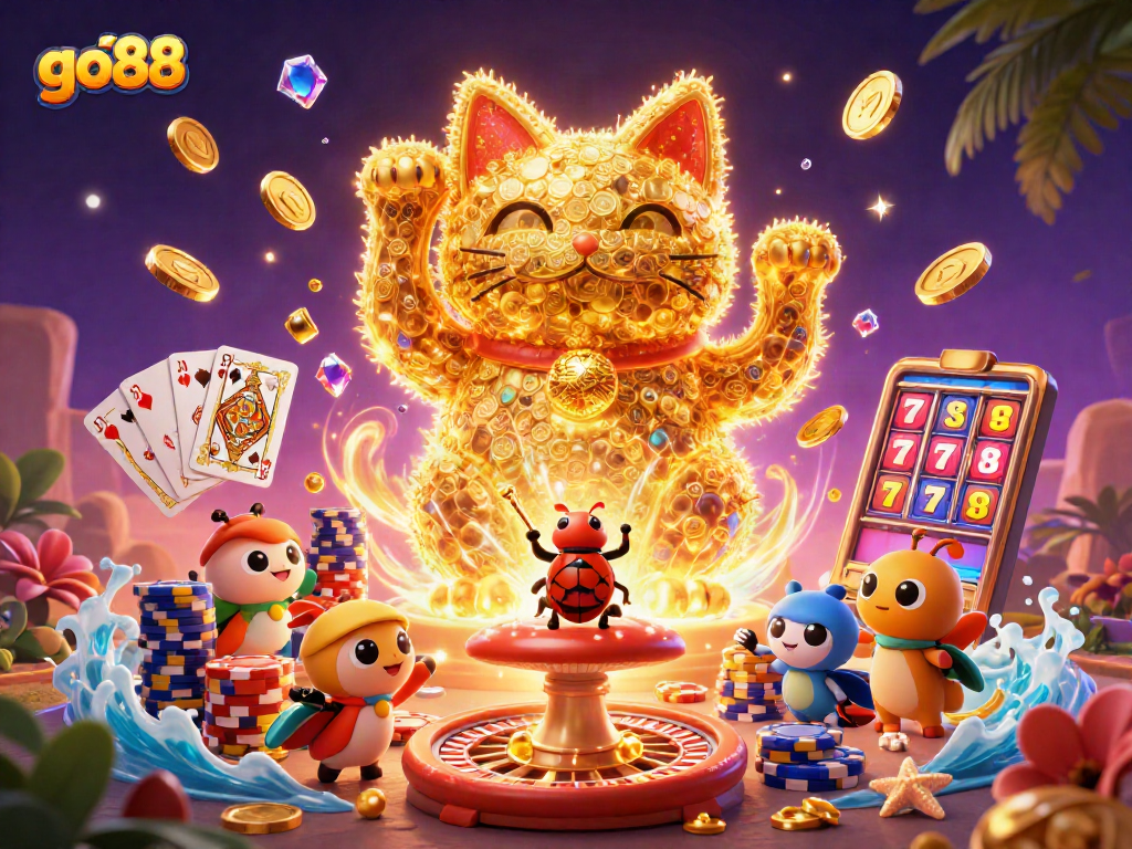 Experience the excitement of go88 with vibrant casino elements and a charming lucky cat illustration.