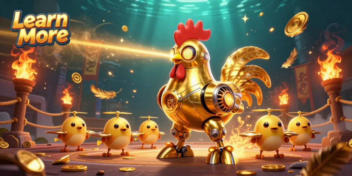 Learn More about the vibrant betting arena featuring a golden rooster robot and chick drones.