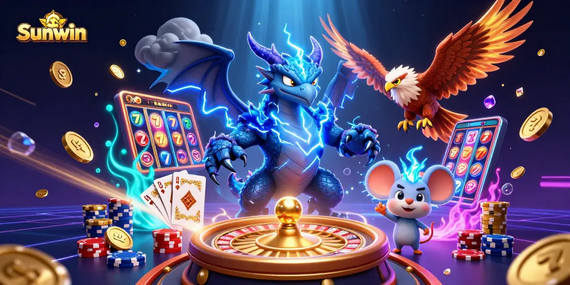 Players enjoy thrilling gaming experience at Sunwin with dynamic casino elements and vibrant characters.