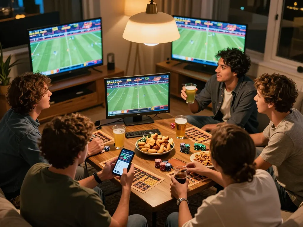 A person placing bets on ALO8 sports events during a lively home gathering