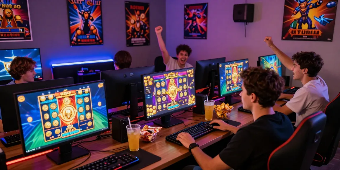 Engaged players enjoying online slot games in a vibrant gaming environment with dynamic graphics and celebratory atmosphere.