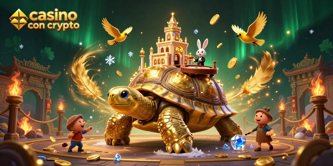 Gioca al casino con crypto in un'atmosfera ricca di elementi, tra tortuose dorate e monete volanti.