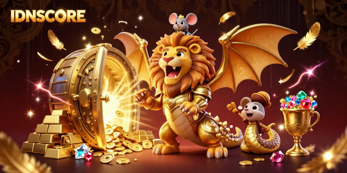 Experience thrilling wins with IDNSCORE as a courageous mouse jockey rides a majestic chimera amidst gold treasures.