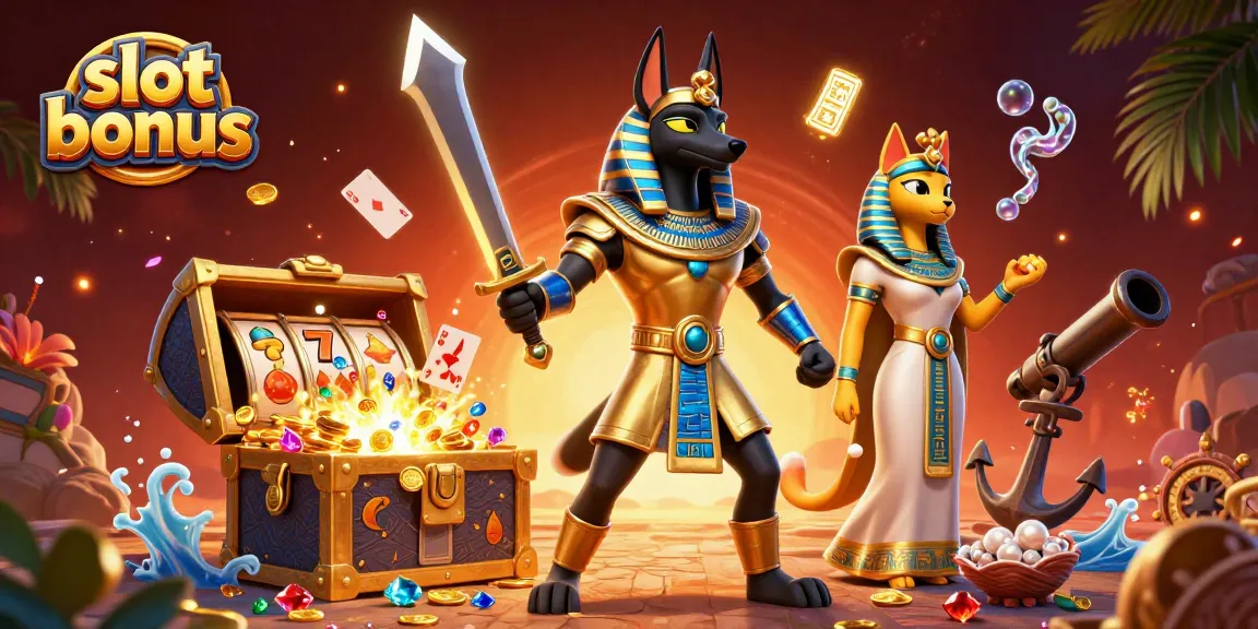 Engage with the slot bonus through a vibrant illustration featuring Anubis and Bastet amidst spinning slot reels.