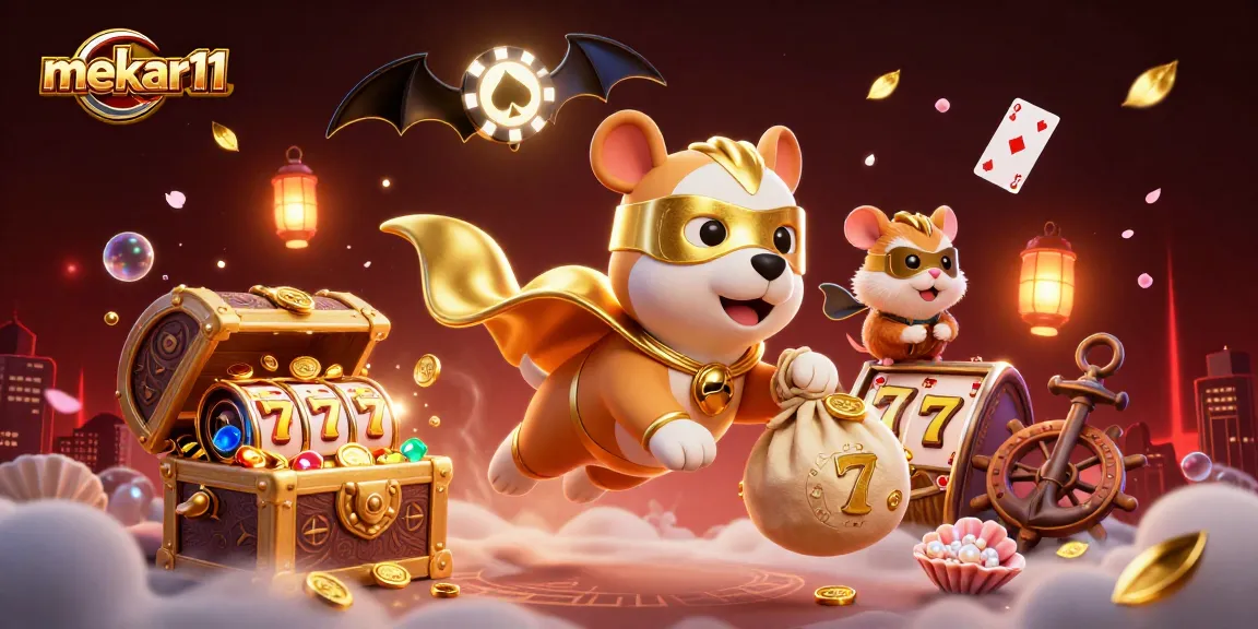 Experience winning excitement with mekar11's vibrant slot-action scene featuring a flying superhero dog.