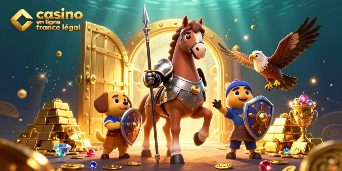 Illustration captivante pour casino en ligne France légal avec chevalier et trésor.
