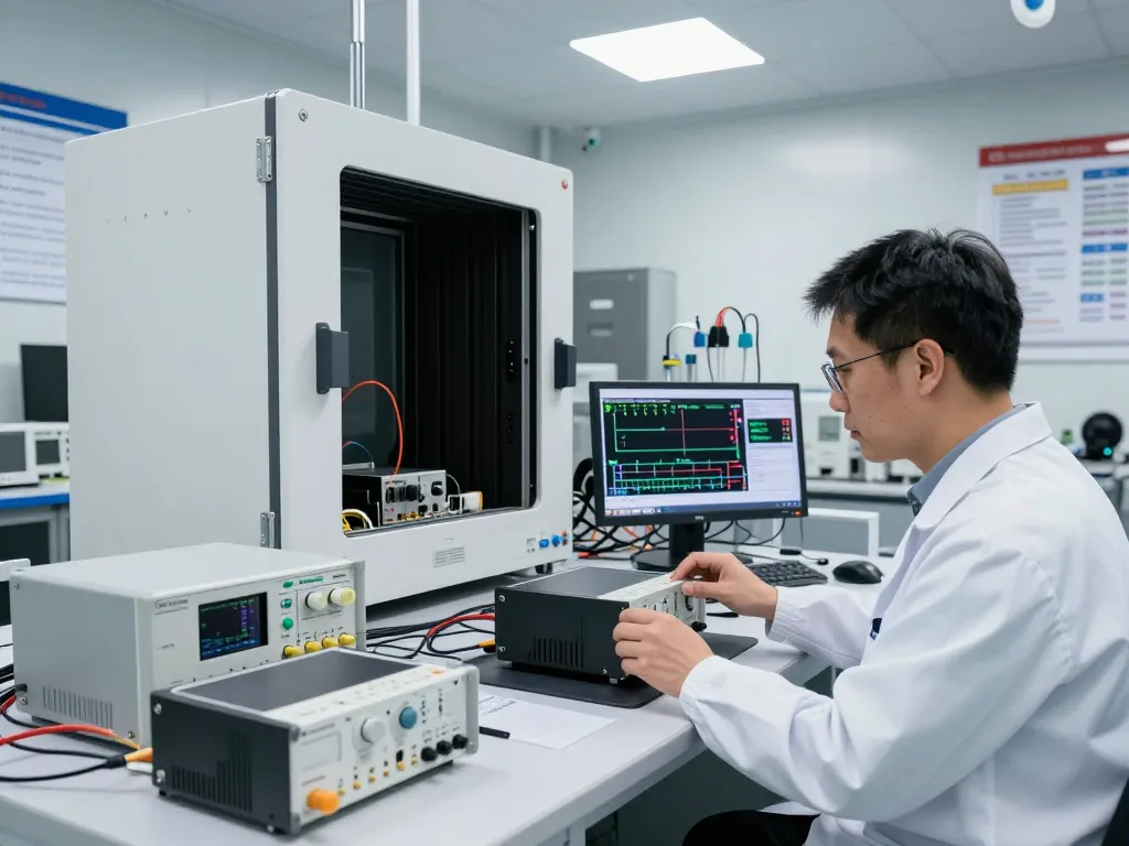 EMI Testing in a high-tech lab showcasing advanced equipment and professionals at work.