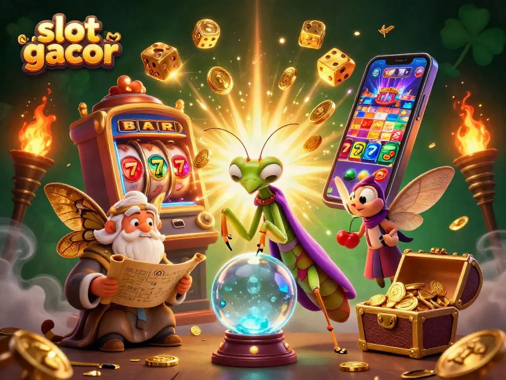 Spinning slot gacor dengan jackpot dan simbol berkilau, penuh keceriaan dan keajaiban.