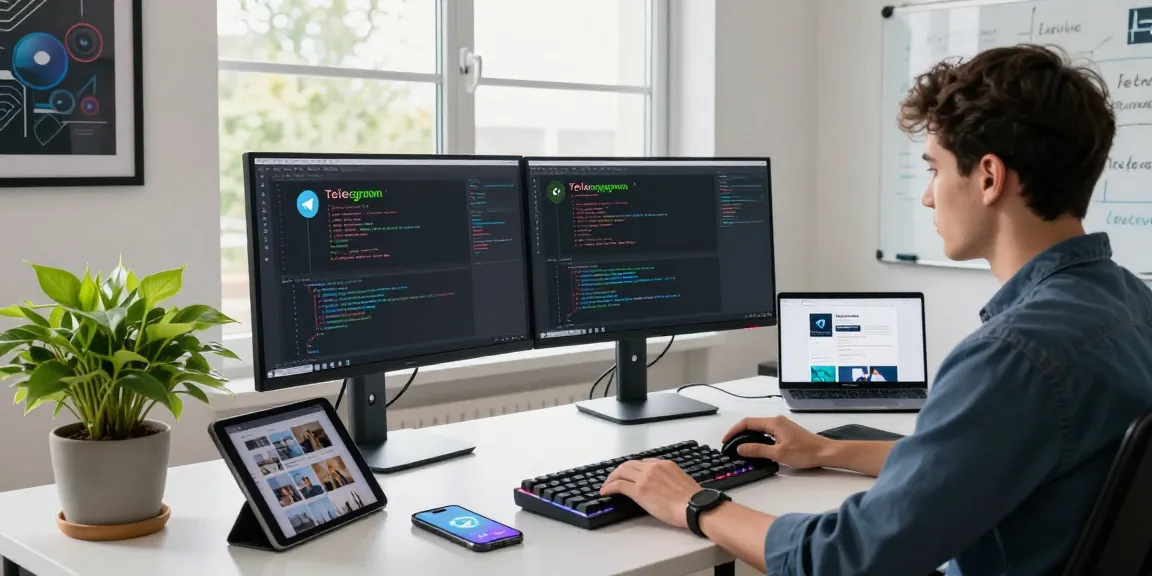 Focused developer working on telegramin-cn.com, surrounded by tech gear in a modern workspace
