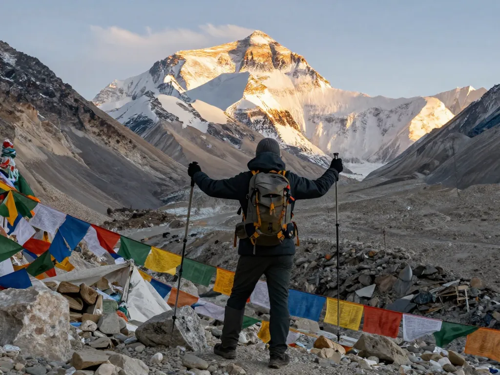 Traveler at Everest Base Camp enjoying breathtaking views and showcasing adventure spirit amidst iconic Himalayan peaks.