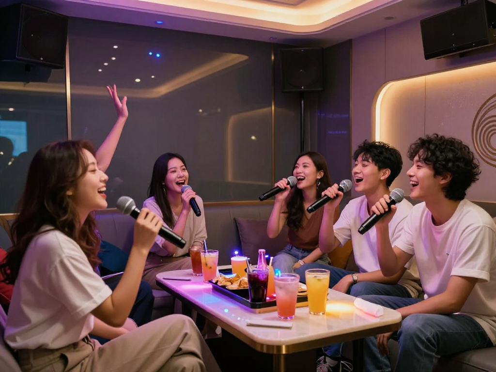 엘리트 가라오케에서 즐거운 프라이빗 룸의 분위기와 친구들이 함께 노래를 부르고 있는 모습