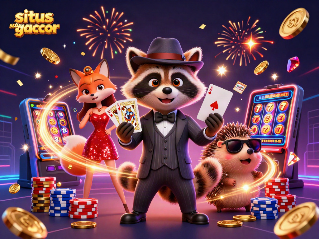 Experience excitement with situs slot gacor featuring a raccoon, fox lady, and hedgehog amidst coins and slot reels.