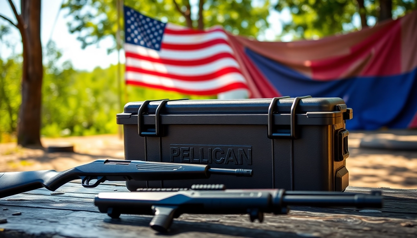 Pelican gun case for sale showcased outdoors with tactical gear, emphasizing durability and style.