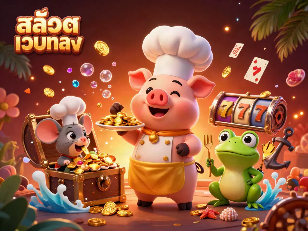 Engage in thrilling สล็อตเว็บตรง adventures with vibrant characters amidst a treasure-filled casino scene.