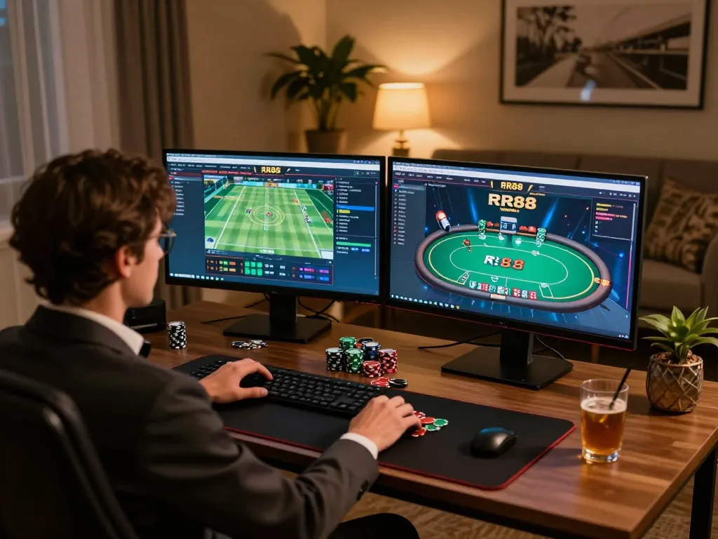 Engaged user placing bets on RR88 online gaming interface with stylish setup.