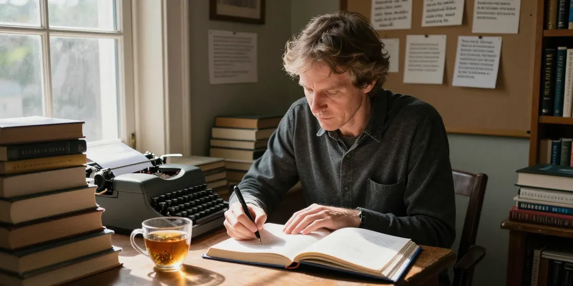 Writer immersed in spiritual and UFO literature at https://tallengreenfield.com, in a cozy library nook.