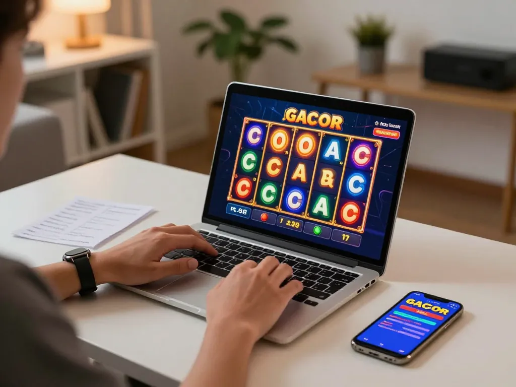 Engaging in slot gacor gameplay on a laptop, showcasing animated reels and strategic betting notes.