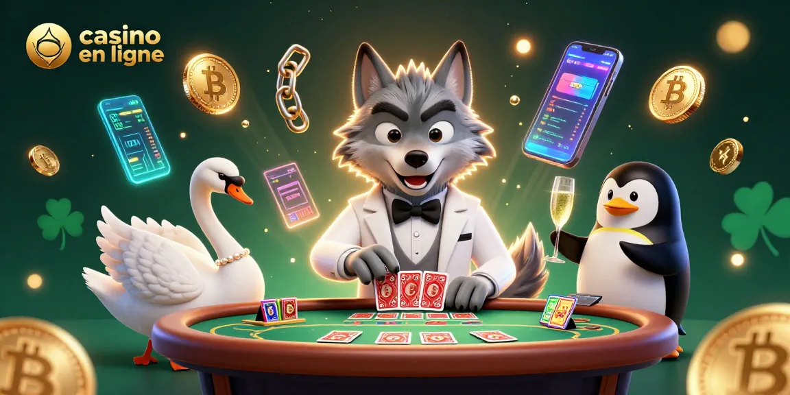 Jouez au casino en ligne avec des personnages élégants autour d'une table de baccarat et des éléments crypto.