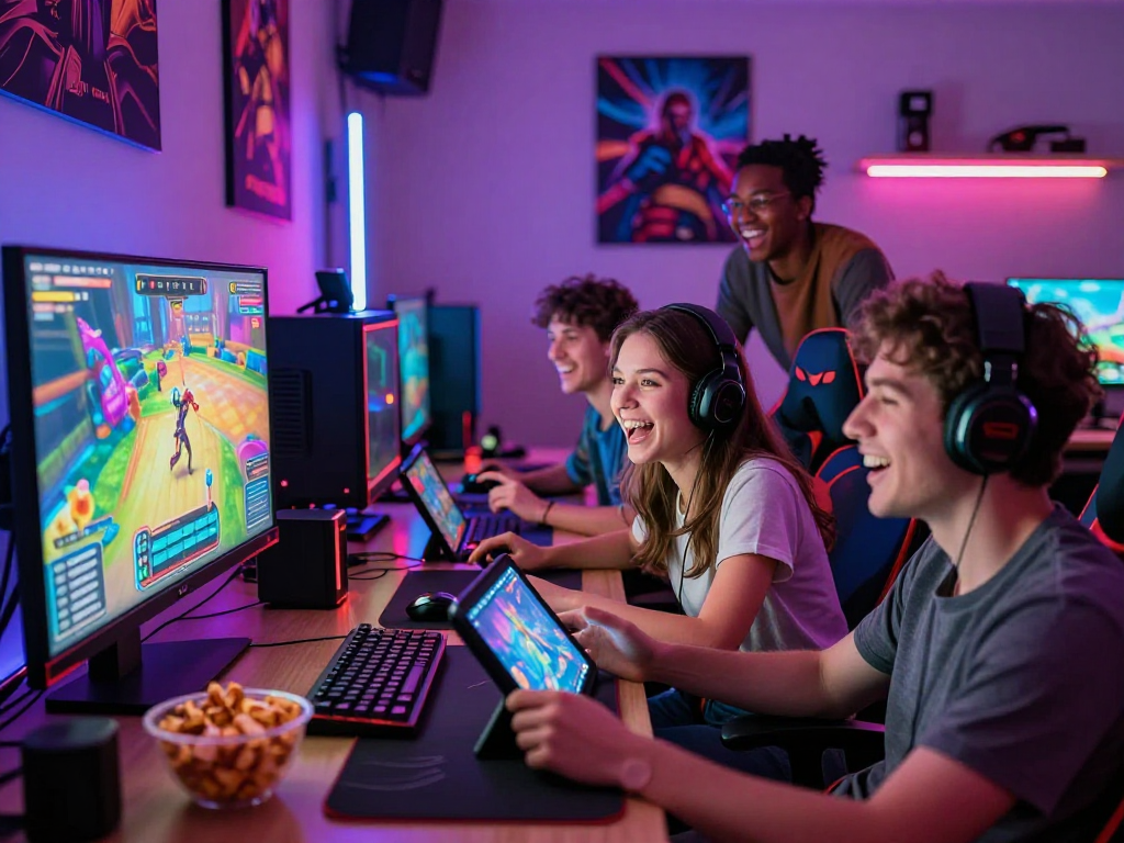 Group of adults playing porngames on multiple devices in a lively gaming room.