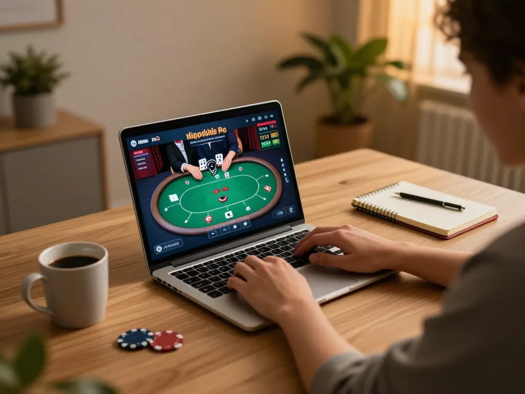 Player enjoying online gaming on nk-88 platform, focusing on poker strategy with laptop and notes.