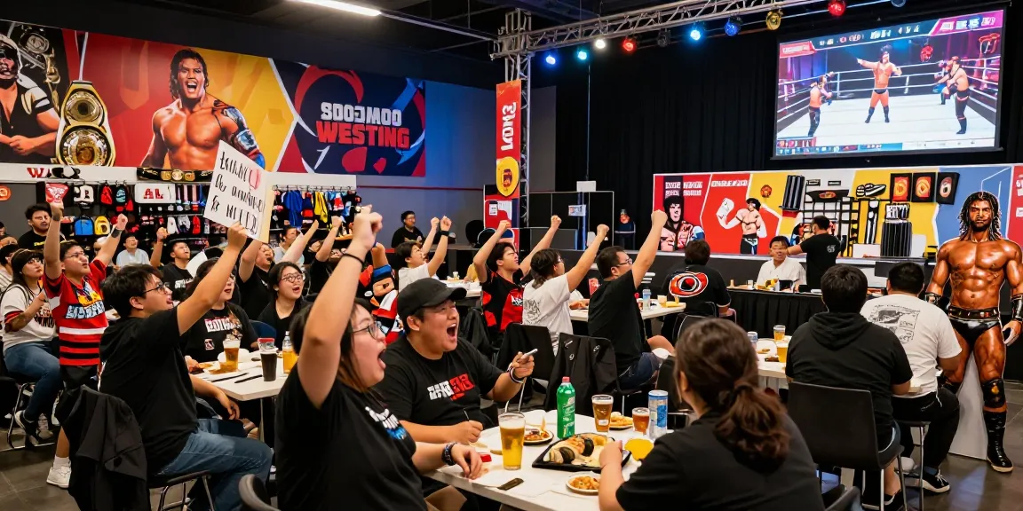 Excited wrestling fans in a vibrant stillrealtous fan zone, cheering during a live event.