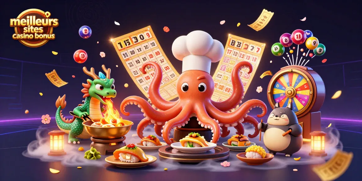 Découvrez les meilleurs sites casino bonus avec cette illustration pleine d'action représentant un chef sushi octopus en 3D.