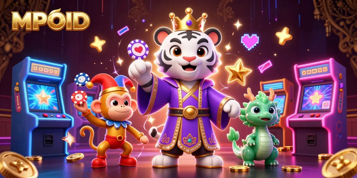 MPOID showcases a vibrant casino scene featuring a cunning white tiger, a playful monkey juggling chips, and dynamic arcade elements