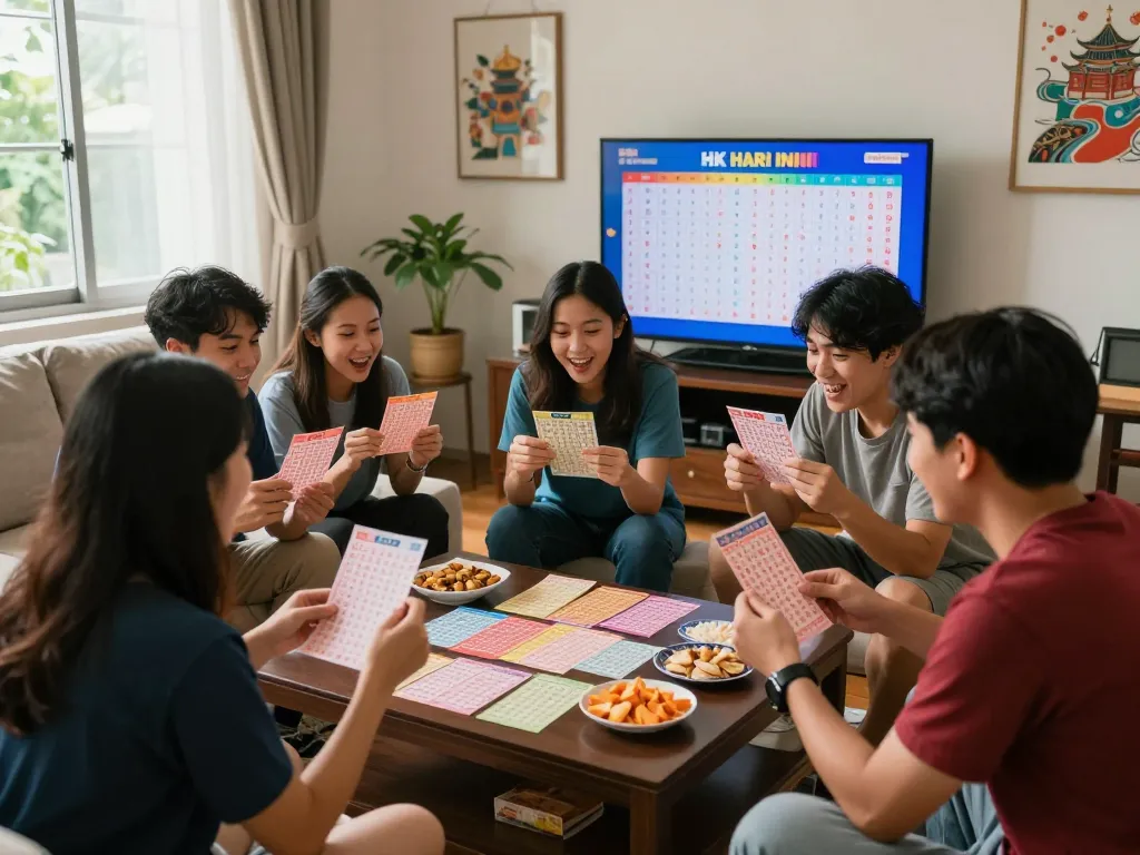 Friends checking HK Hari Ini lottery results together in a cozy living room.