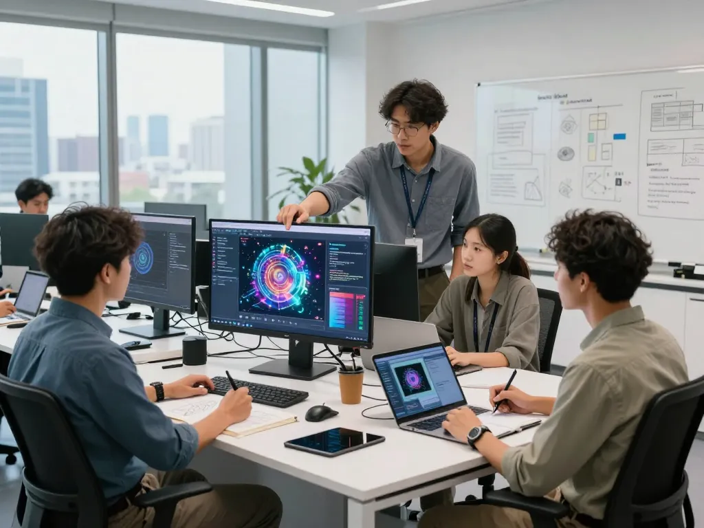 Team collaborating in a high-tech lab, showcasing the image to prompt ai tool on screen.